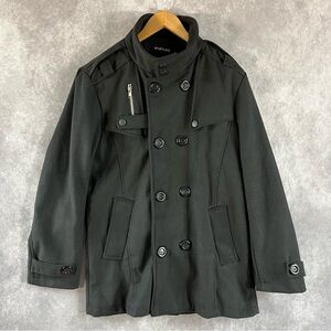Whatlees Mens Black Overcoat Long Jacket w/ Buttons Pockets & Zippers Sz Medium